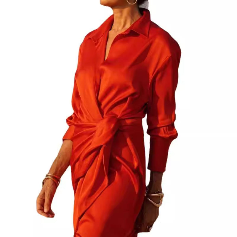 Kvinna Asymmetrisk Klänning V-Neck Polyester Högmidjad Långärmad-6