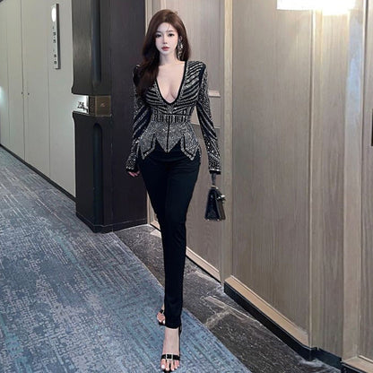 Dam Jumpsuit V-ringning Strass Långa Ärmar Högkvalitativt Tyg-3