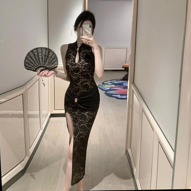 Kvinnor Qipao Klänning Lång Höga Slits Polyester-4