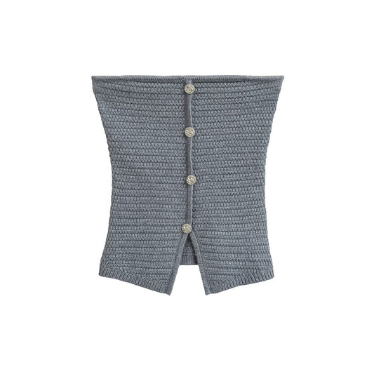 Kvinnors Stickad Topp Strukturerad Andningsbart Material med Dekorativa Knappar-1