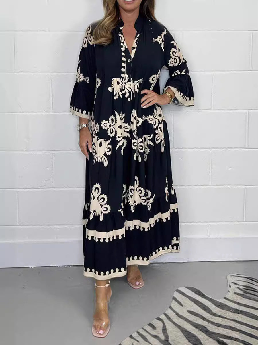 Variant image for Damklänning Med Tryckt Stativ-Up Krage Polyester Elegant Stil-8