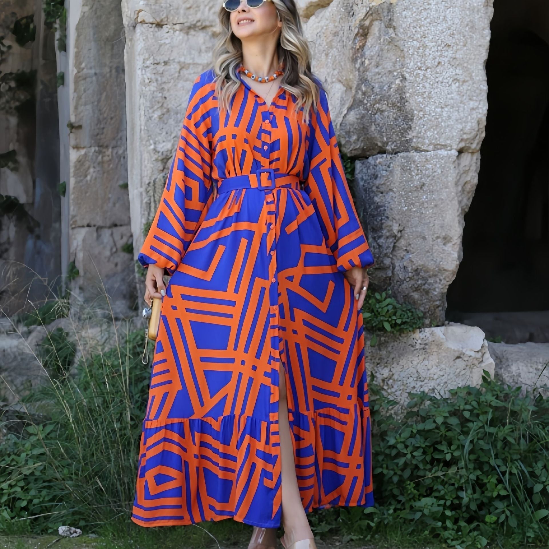 Fina Dam Klänningar Lång Klänning Tryckt Polyester med Bälte-4