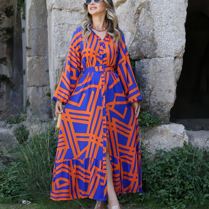 Fina Dam Klänningar Lång Klänning Tryckt Polyester med Bälte-4