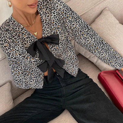 Lång Kofta Dam Leopardmönster Polyester Cardigan-4