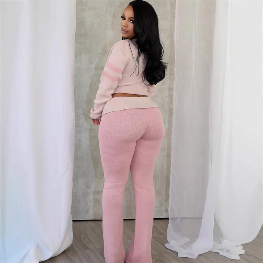 Kvinnors Långärmad Topp och Byxor Set Stickad Spandex Regular Fit-4