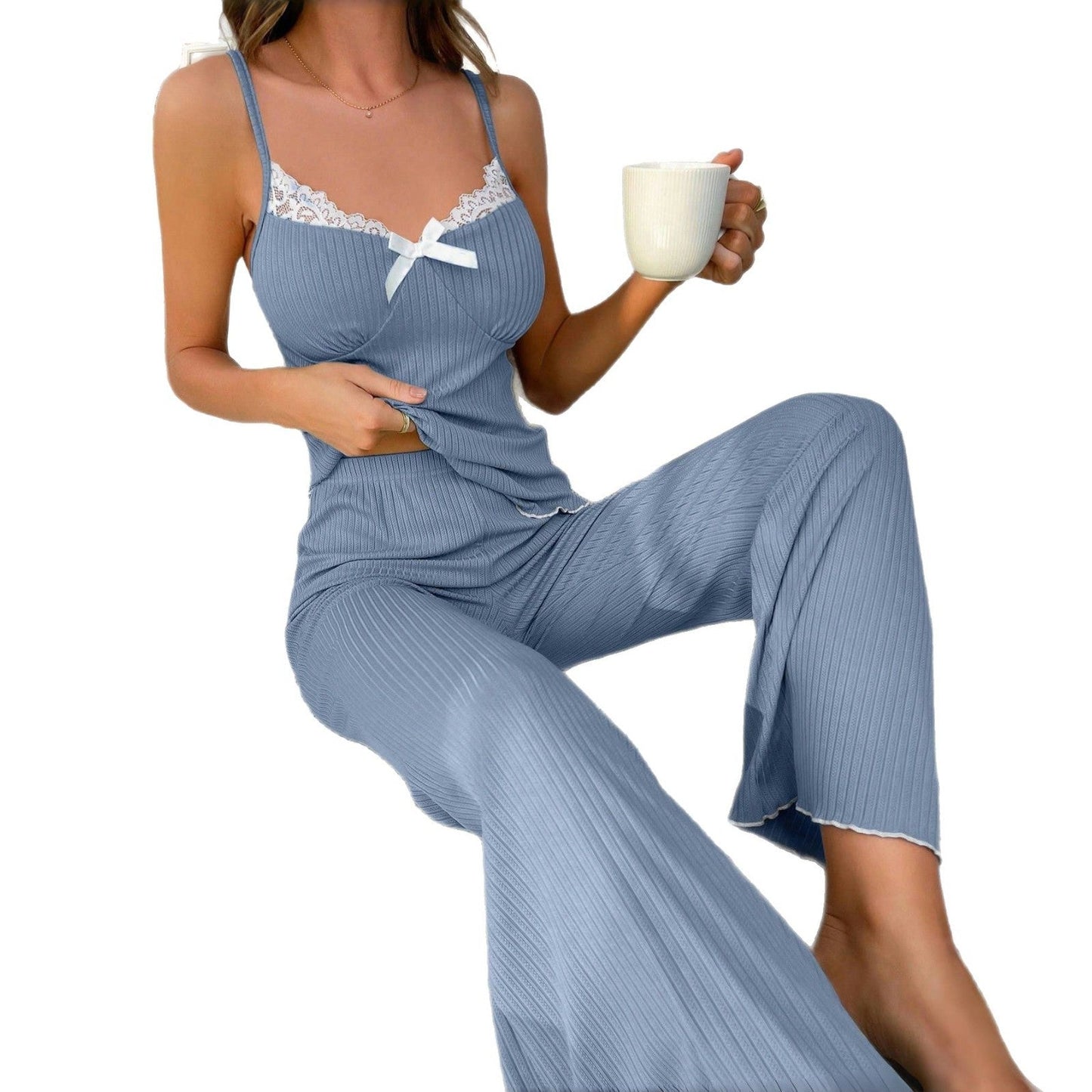 Kvinnors Pyjamas Set Tre Fjärdedelars Ärmar Polyester Långa Byxor-6