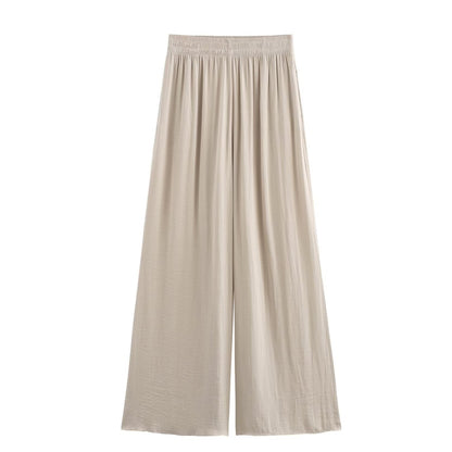 Dam Byxor Hög Midja Bred Ben i Elastisk Polyester Snygga Byxor Med Resår i Midjan-1