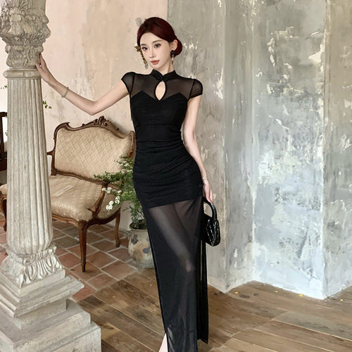 Fina Dam Klänningar Transparent Split Cheongsam Lång Topp-1