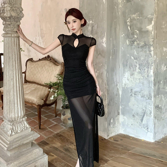 Fina Dam Klänningar Transparent Split Cheongsam Lång Topp-1