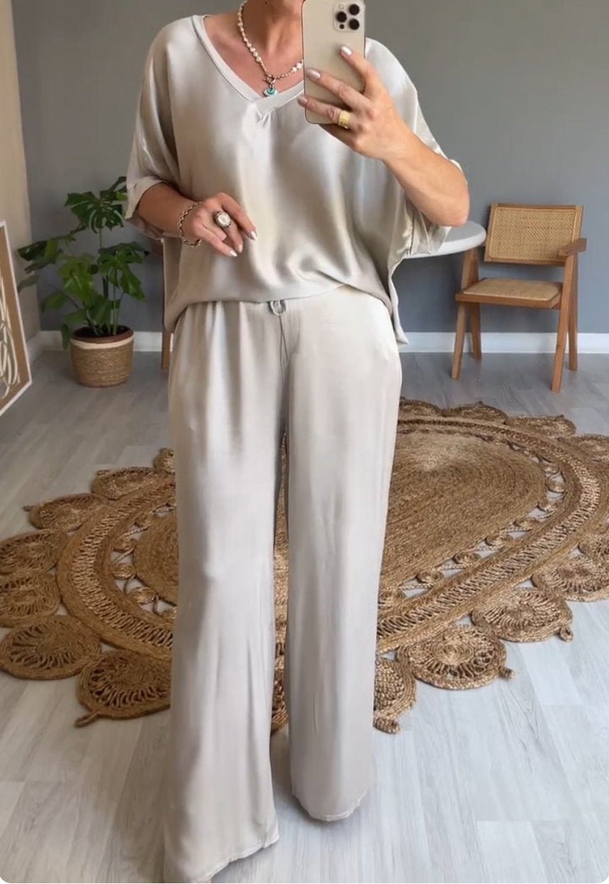 Damkostym Avslappnad V-hals Polyester Set med Långa Byxor-3