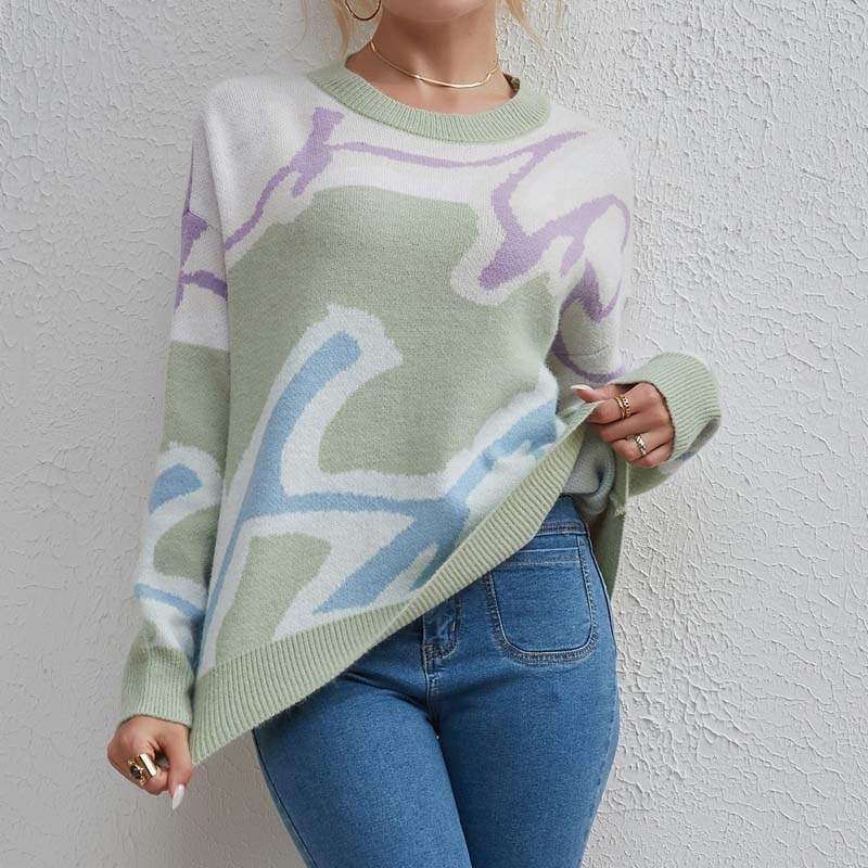 Dam Tröja Färgblockad Lång Ärmar Bomull och Akryl-4