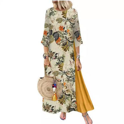 Damklänning A-Linjeformad Rund Hals Bomull med Tryckt Mönster-5