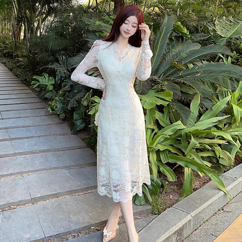 Dam Klänning Midi V-ringning Långa Ärmar Högkvalitativt Tyg-2