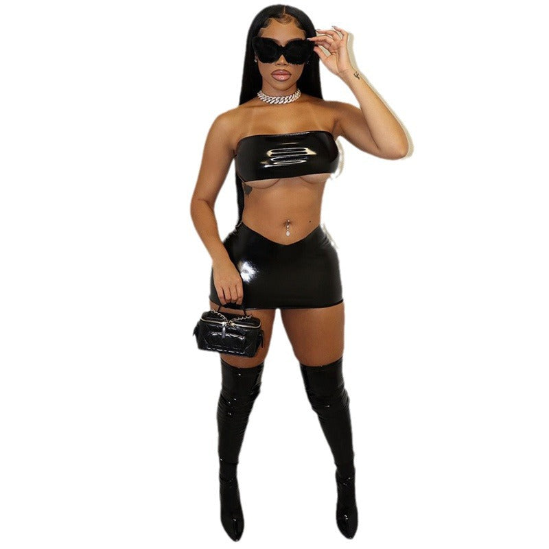 Dam Bodycon Minirok Stropplös Låg Midja Läderliknande Tyg-5