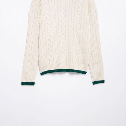 Stickad Tröja Dam V-ringning Flätmönster Mjuk Bomullsblandning-4