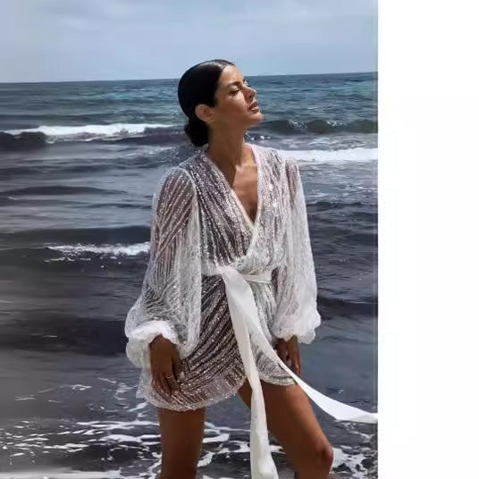 Damklänning Asymmetrisk Långärmad Spandex med Glittrande Detaljer-3