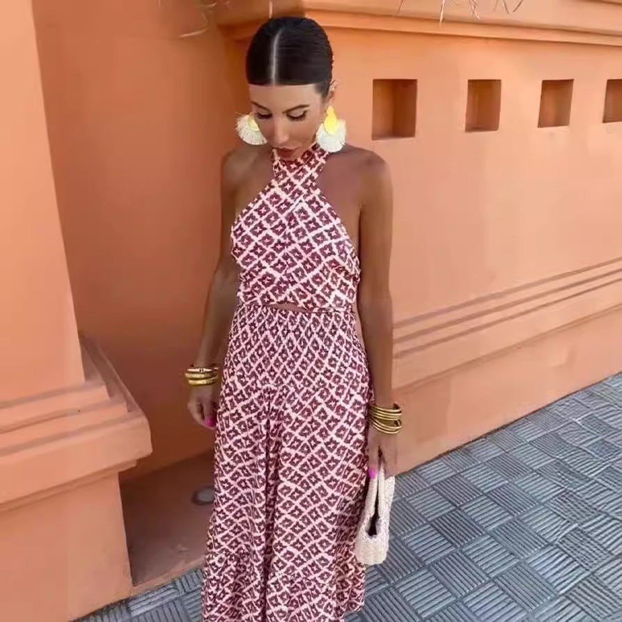 Dam Jumpsuit Lätt Tyg med Bindande Bälte Geometriskt Mönster 5