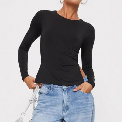 Dam Långärmad T-Shirt Enfärgad Polyester Regelbunden Passform-4