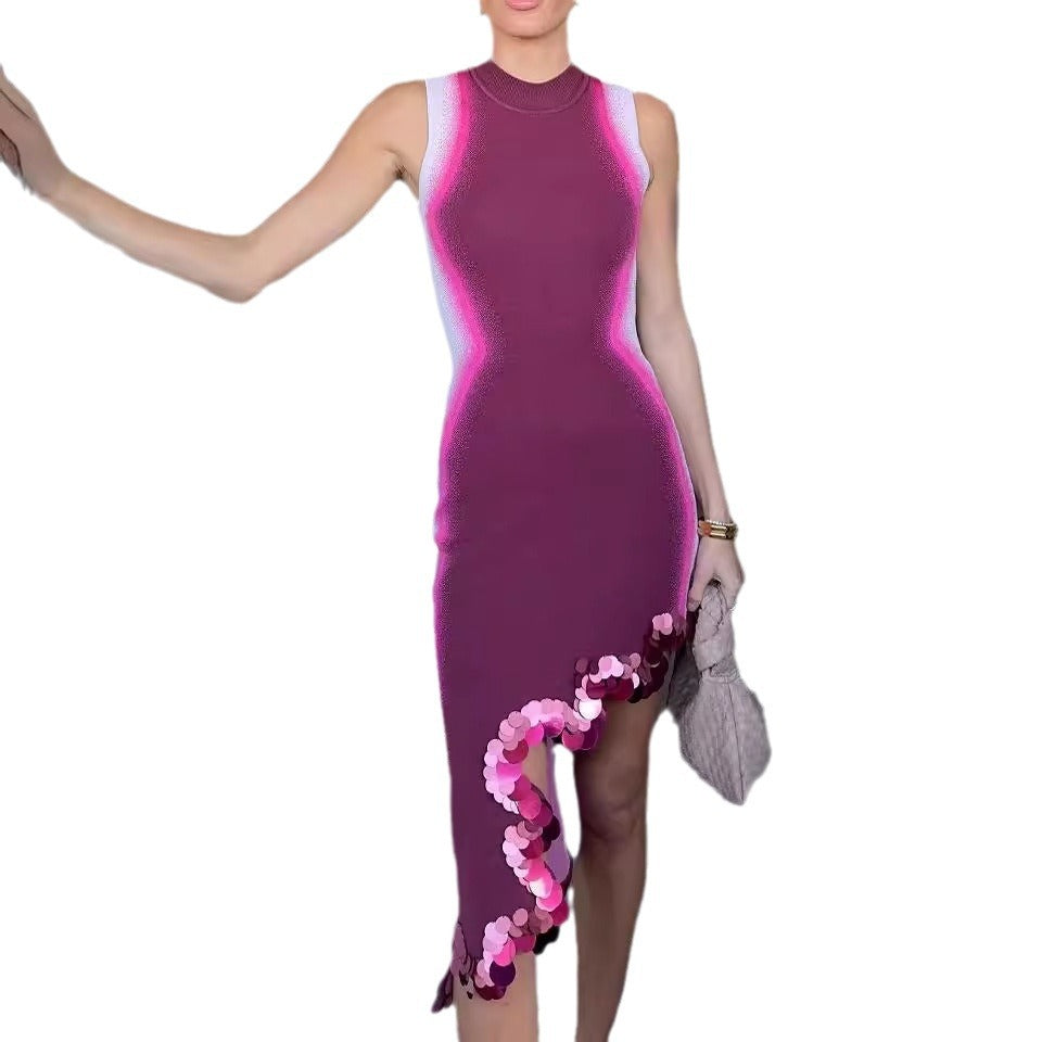 Damklänning Oregelbunden Rytmtryck Midi Spandex Ärmlös-6