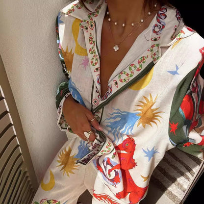 Kvinnors Sommaroutfit Avslappnad Blommönstrad Skjorta och Byxor Lätt Tyg 4