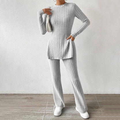 Tvådelat Set Dam Långärmad Topp och Långa Byxor Mjuk Polyester-4