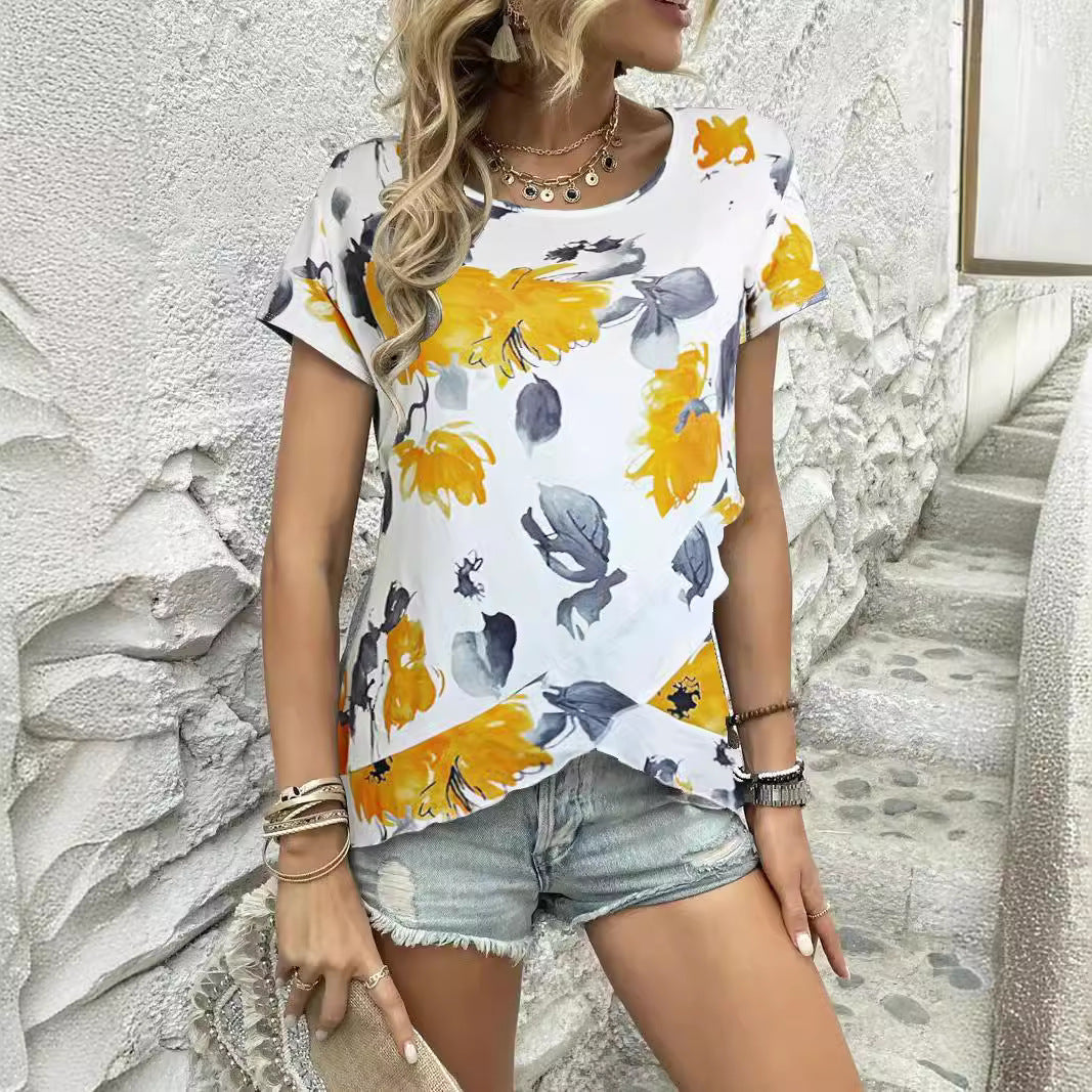 Dam T-shirt Blommig Kortärmad Polyester med Rynkade Detaljer-1