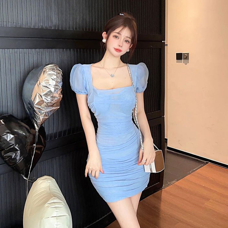 Kvinnors Kort Klänning Fyrkantig Halsringning Puffärmar Mesh-1