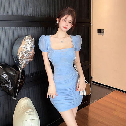 Variant image for Kvinnors Kort Klänning Fyrkantig Halsringning Puffärmar Mesh-1