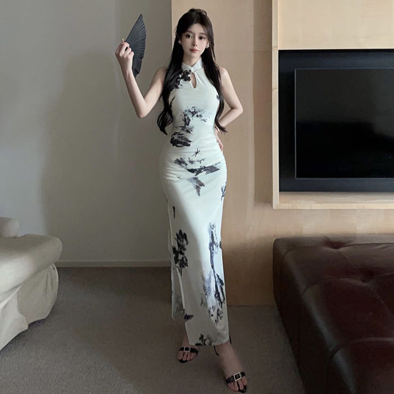 Kvinna Cheongsam Klänning Bodycon Polyester med Hög Slits-3