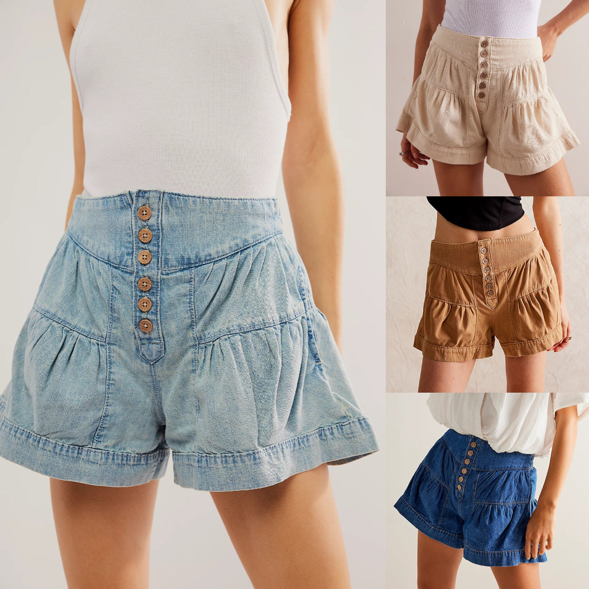 Dam Denim Shorts Rynkade Kanter Elastisk Midja 100% Bomull-2