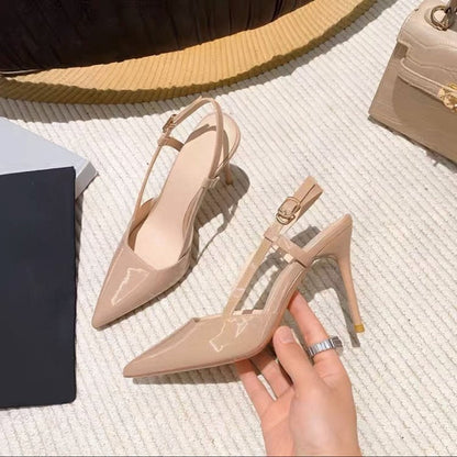 Slingback Skor för Kvinnor med Spetsig Tå i Syntetiskt Läder – Elegant Pump med Hög Häl och Elastisk Rem 3