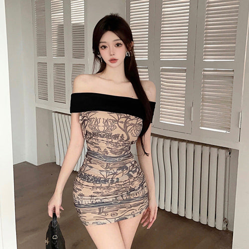 Kvinnors Miniklänning En-axel Färgblockering Polyester Elastan 1