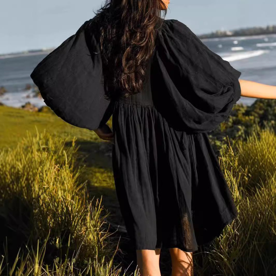 Sommarklänning Dam V-hals Puffärmar Bomull 3