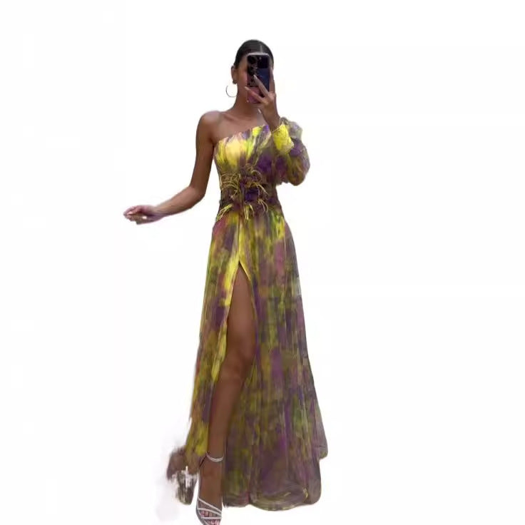 Maxiklänning Dam Blommig Asymmetrisk Långärmad Polyester-4