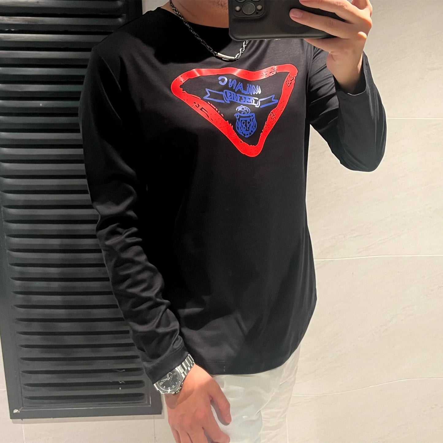 Herr Långärmad T-shirt Rundhals 100% Bomull Komfortabel Normal Passform-1