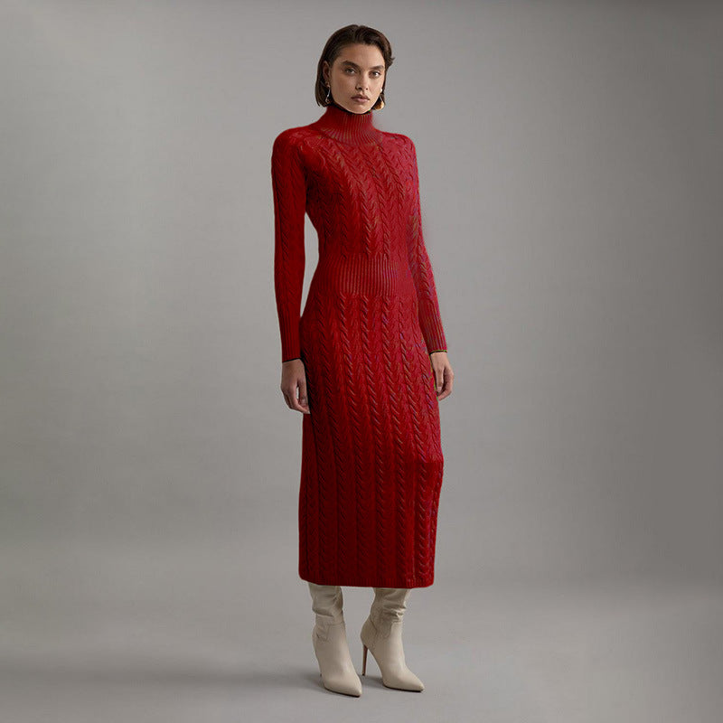 Damstickad Klänning Hög Krage Mjuk Ull Figurbetonad 3