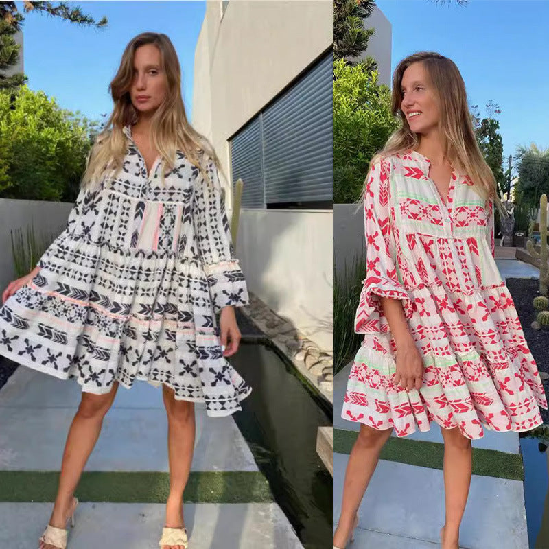 Dam MIDI-klänning V-ringad A-linjeformad Polyester med Tre Fjärdedelar Ärmar-2