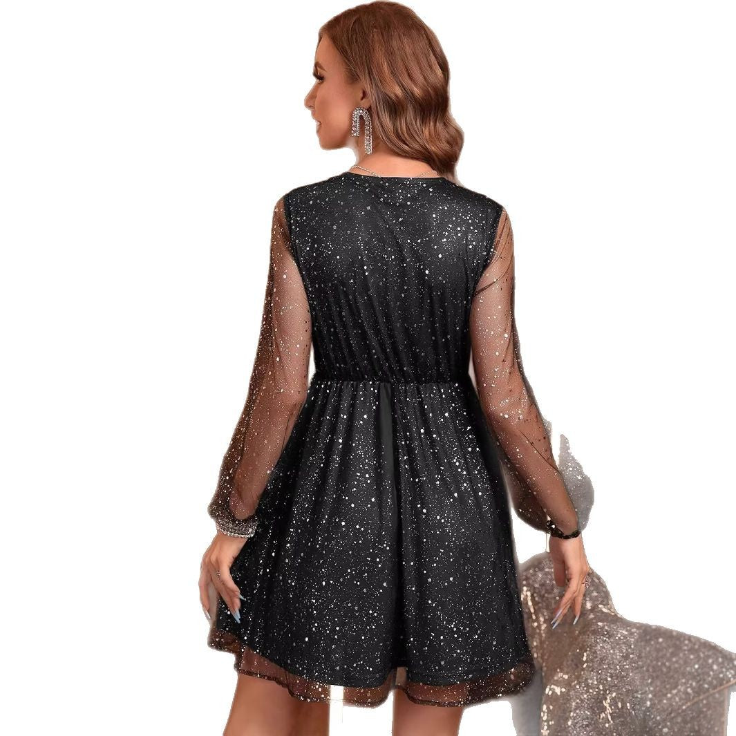 Kvinnors Midi Kjol V-ringning Puffärmar Polyester A-linje-6