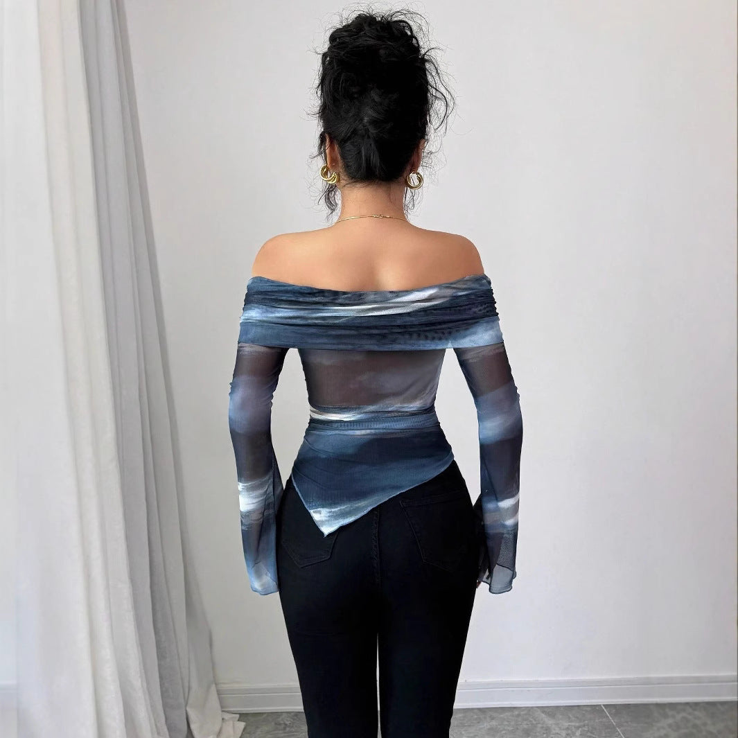 Dam Långärmad T-shirt Off-the-Shoulder Lätt Nätverk-3