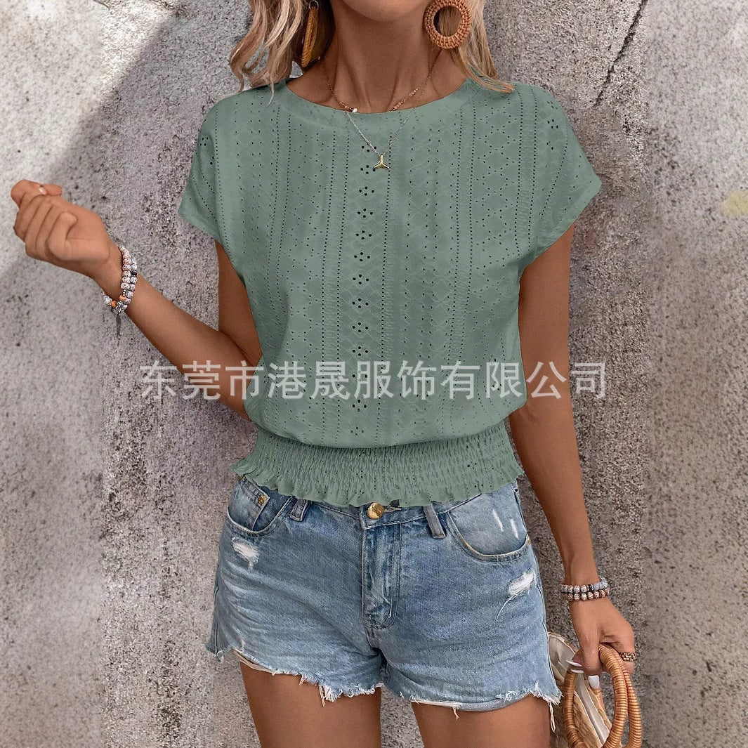 Dam T-shirt Kortärmad Jacquardmönster Polyester-5