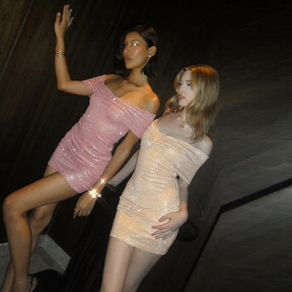 Kvinnors Glittrig Klänning Off-Shoulder Elastiskt Tyg Miniklänning 3