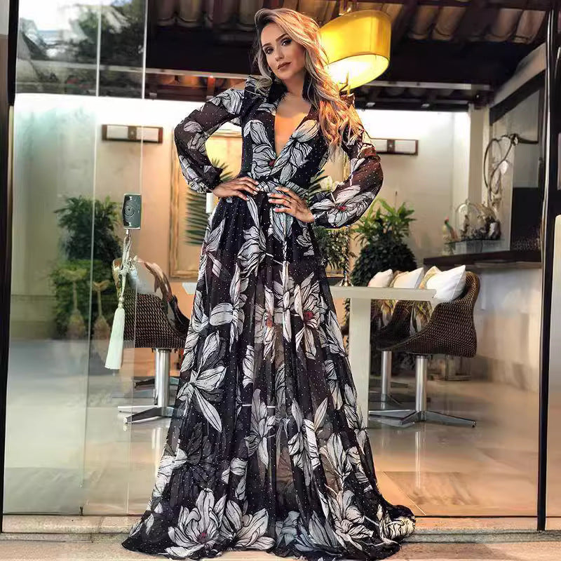 Damklänning A-Line Långärmad Polyester Elegant Fint Mönster-5