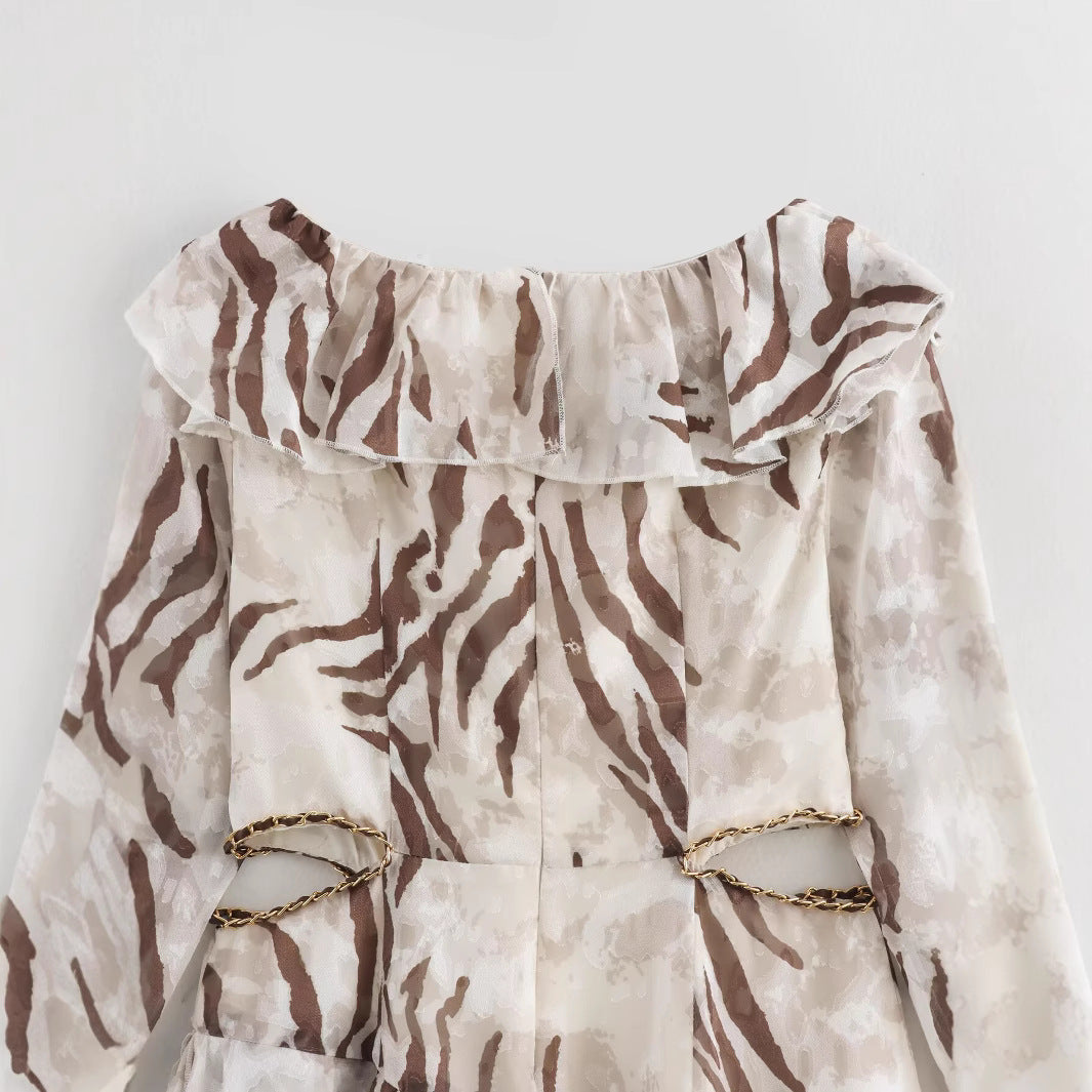 Kvinna Midi Klänning Leopardmönster Långärmad Polyester-4