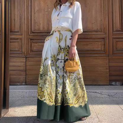 Kvinnors Blommönstrad Skjorta och Breda Benbyxor Set Högkvalitativt Tyg-2