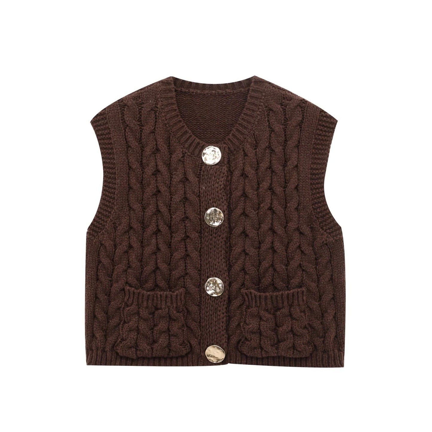 Kvinnors Stickad Väst med Dekorativa Knappar och Fickor i Mjuk Bomullsblandning-3