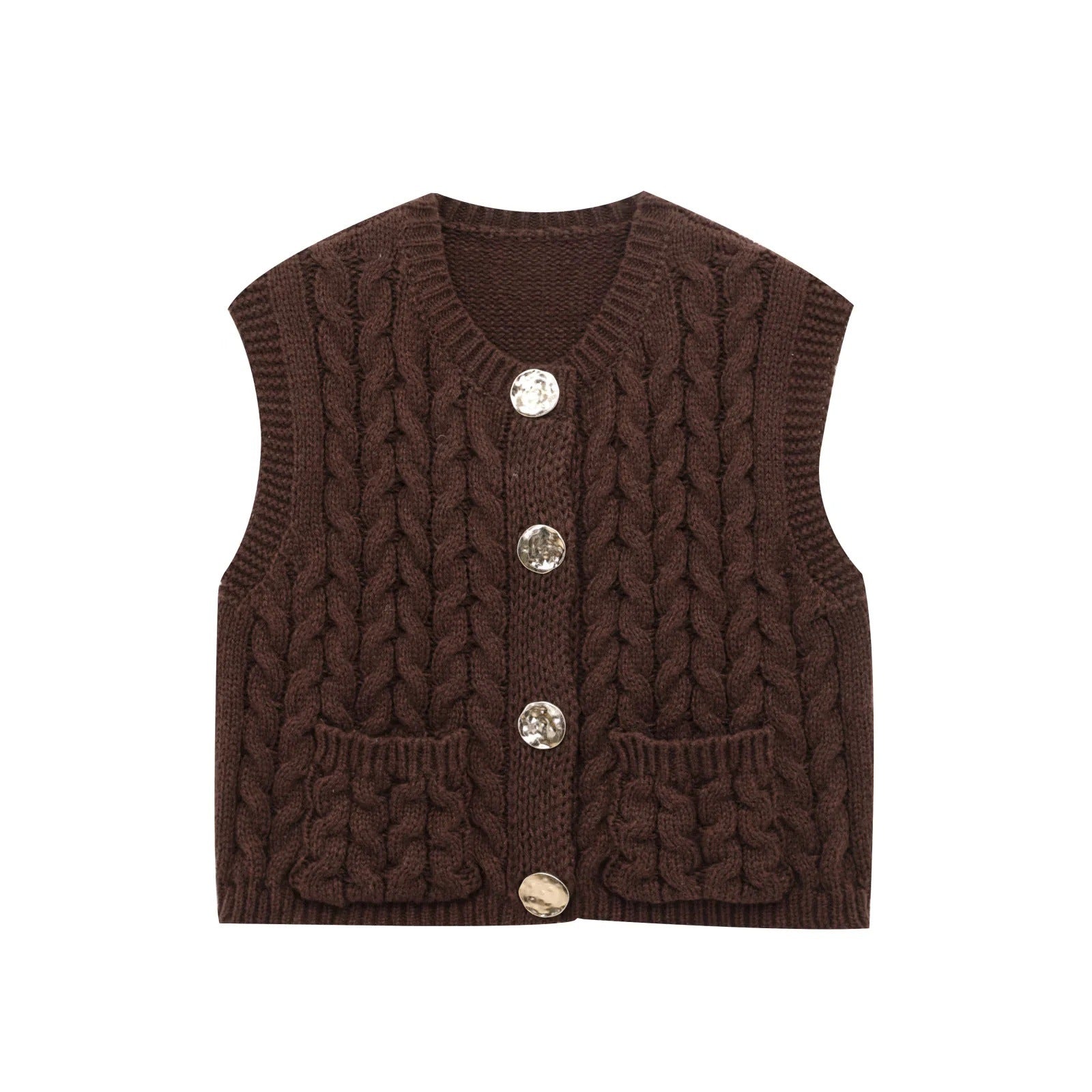 Kvinnors Stickad Väst med Dekorativa Knappar och Fickor i Mjuk Bomullsblandning-3