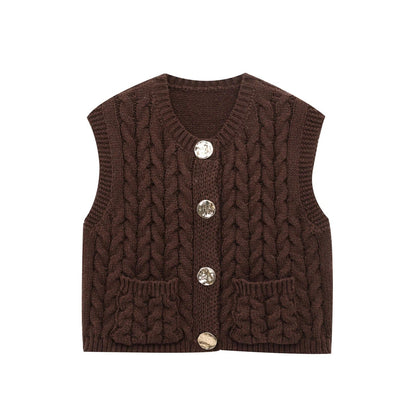 Kvinnors Stickad Väst med Dekorativa Knappar och Fickor i Mjuk Bomullsblandning-3