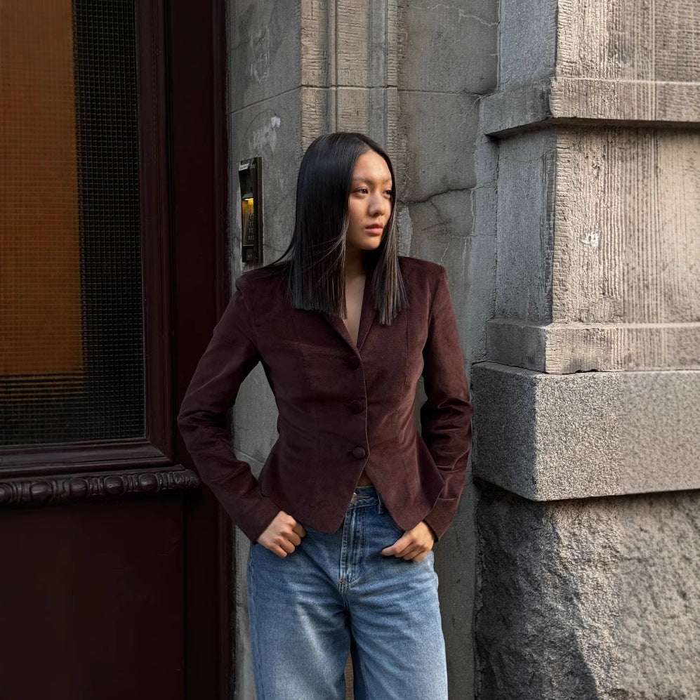 Dam Sammetjacka Elegant Smal Krage Mjuk Sammet-3