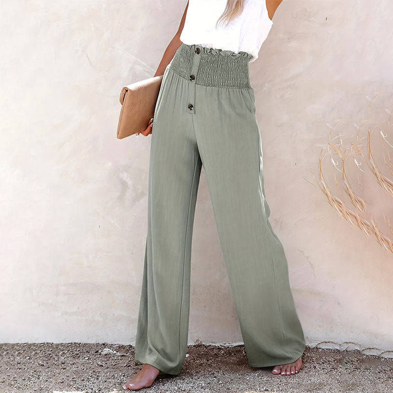 Kvinnliga Bredbyxor Elastisk Midjeband Jersey med Knappdetalj 1