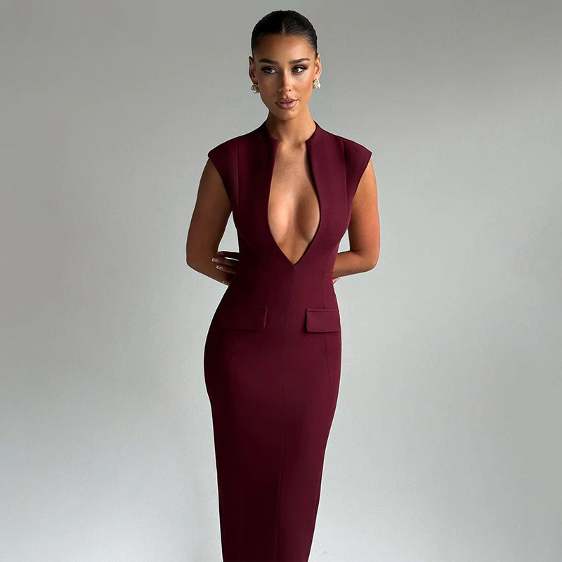 Kvinnors Klänning Djup V-ringning Stretchigt Tyg-4